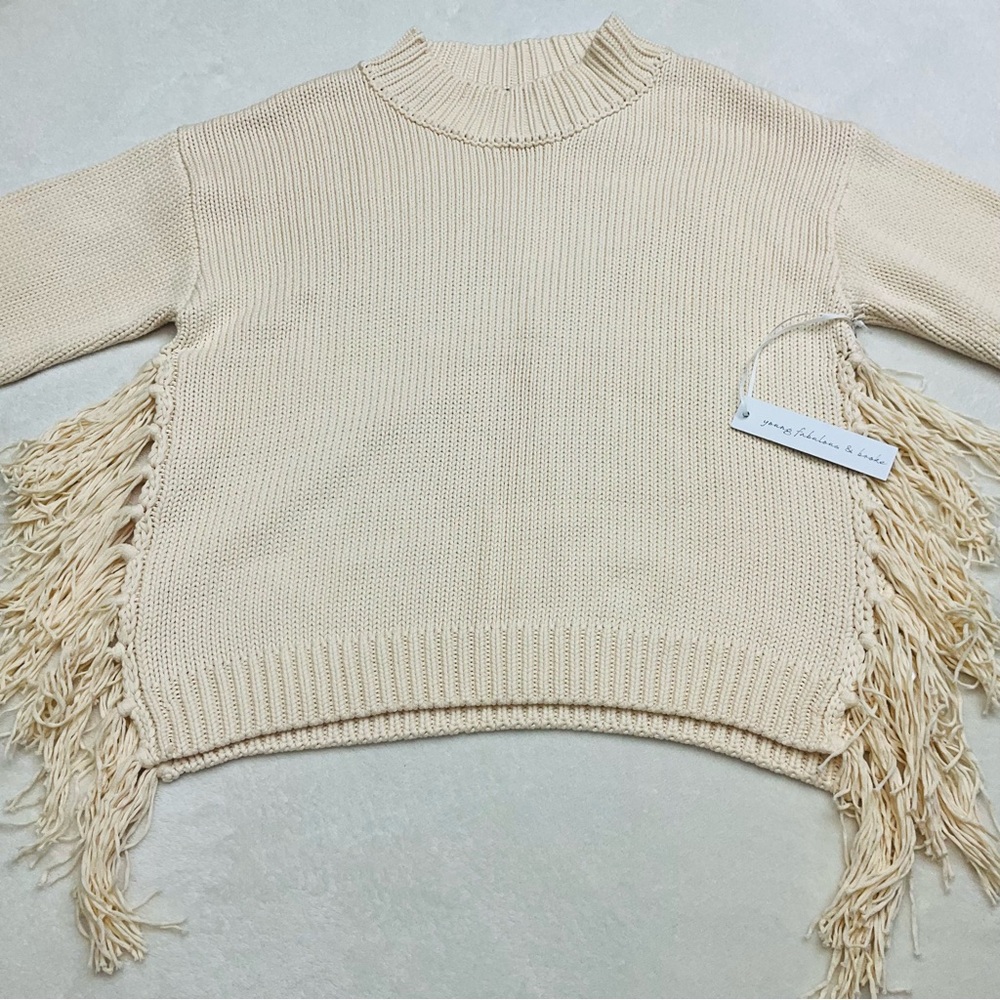 NWT YFB Thick Chunky Knit Ivory Sweater with Side Tassels & Slit 100% Cotton - Picture 2 of 16